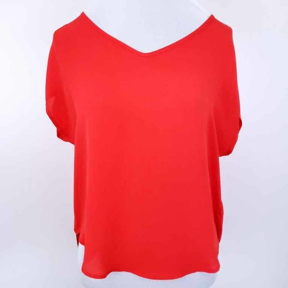 LUSH Blouse Short Sleeve Orangey Red Lightweight Vneck Oversized XS - Picture 1 of 6